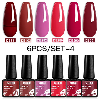 Blushimmer MTSSII 6-piece set of sparkly red gel nail polishes with shiny finish for LED and UV nail art and manicure.