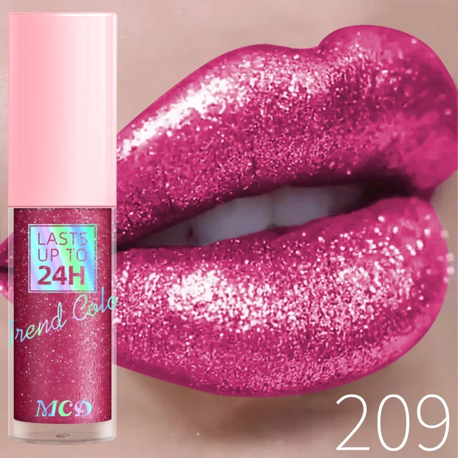 Blushimmer 18-color diamond glitter liquid lip gloss with long-lasting waterproof formula and pearl shine finish.