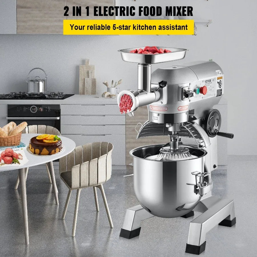 Commercial Stand Mixer 20Qt Stainless Steel Bowl 1100W 2 in 1 Multifunctional Electric Food Mixer with Meat Grinder 3 Speeds Do