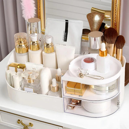 Blushimmer cosmetic storage box with drawer for lipsticks, makeup brushes, and skincare products on a countertop.