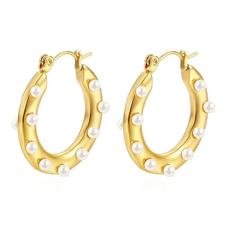 Charm Retro Geometry Round Inlay Pearls Stainless Steel Gold Color Hoop Earrings for Women Does Not Fade Jewelry Accessory Gift
