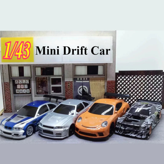 Small 1/43 scale 4WD RC drift car by Hobby Gear Hub, high-speed remote control racing car with detailed design for boys.