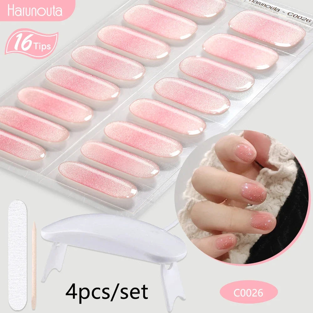 Blushimmer Harunouta 4-piece set of nude pink gradient gel nail strips with waterproof semi-cured designs and a nail lamp