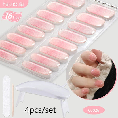 Blushimmer Harunouta 4-piece set of nude pink gradient gel nail strips with waterproof semi-cured designs and a nail lamp