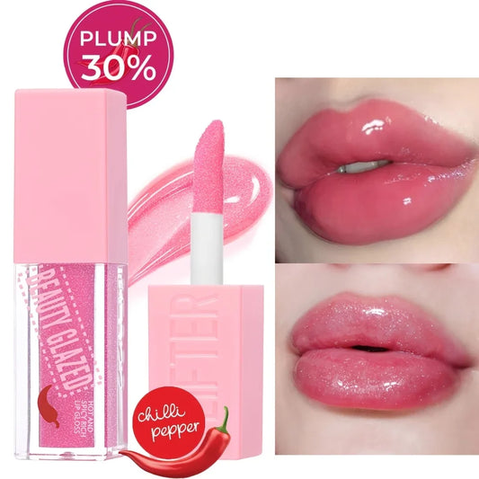 Blushimmer Chili Lip Plumper Oil Serum showing a sleek lip essence bottle with applicator and vibrant packaging.