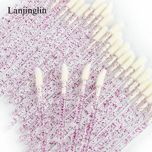 Set of 50 reusable Lanjinglin lip brushes and eyelash extension tools by Blushimmer, with lipstick applicator wands for makeup application.