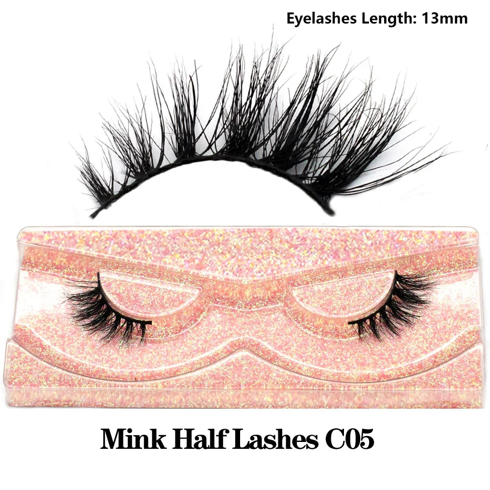 Blushimmer 3D Mink Fluffy Half False Eyelashes with clear band, natural soft lightweight eye strip lash extension, reusable short design