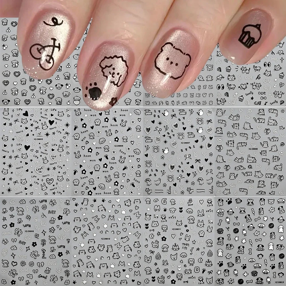 Black cat nail stickers set featuring cartoon puppy and kitten designs for cute, kawaii nail art decor by Blushimmer.