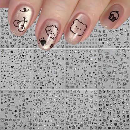 Black cat nail stickers set featuring cartoon puppy and kitten designs for cute, kawaii nail art decor by Blushimmer.