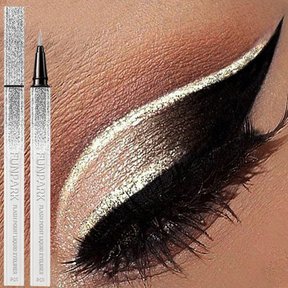 Shiny metallic liquid eyeliner by Blushimmer, waterproof pearlescent finish, 0.6ml, with a sleek applicator brush visible in the image.