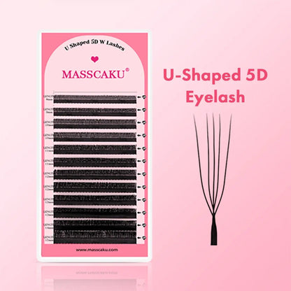 Blushimmer MASSCAKU U-shaped 3D 4D 5D eyelash extensions with C D curl, mink false lashes, premade volume fans on a white background.