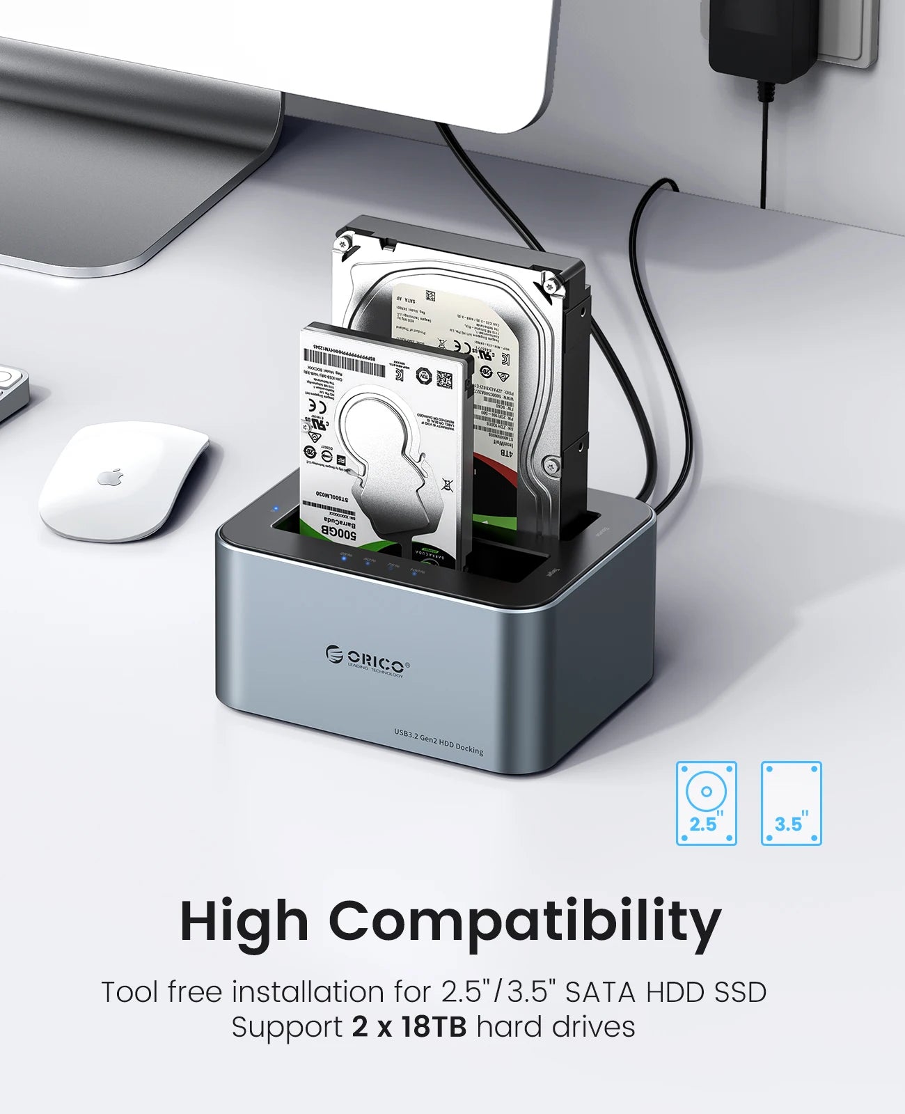 ORICO Aluminum Dual-bay Hard Drive Station Type-C 10Gbps with Offline Clone 2.5/3.5" HDD Case Heat Dissipation Stronger