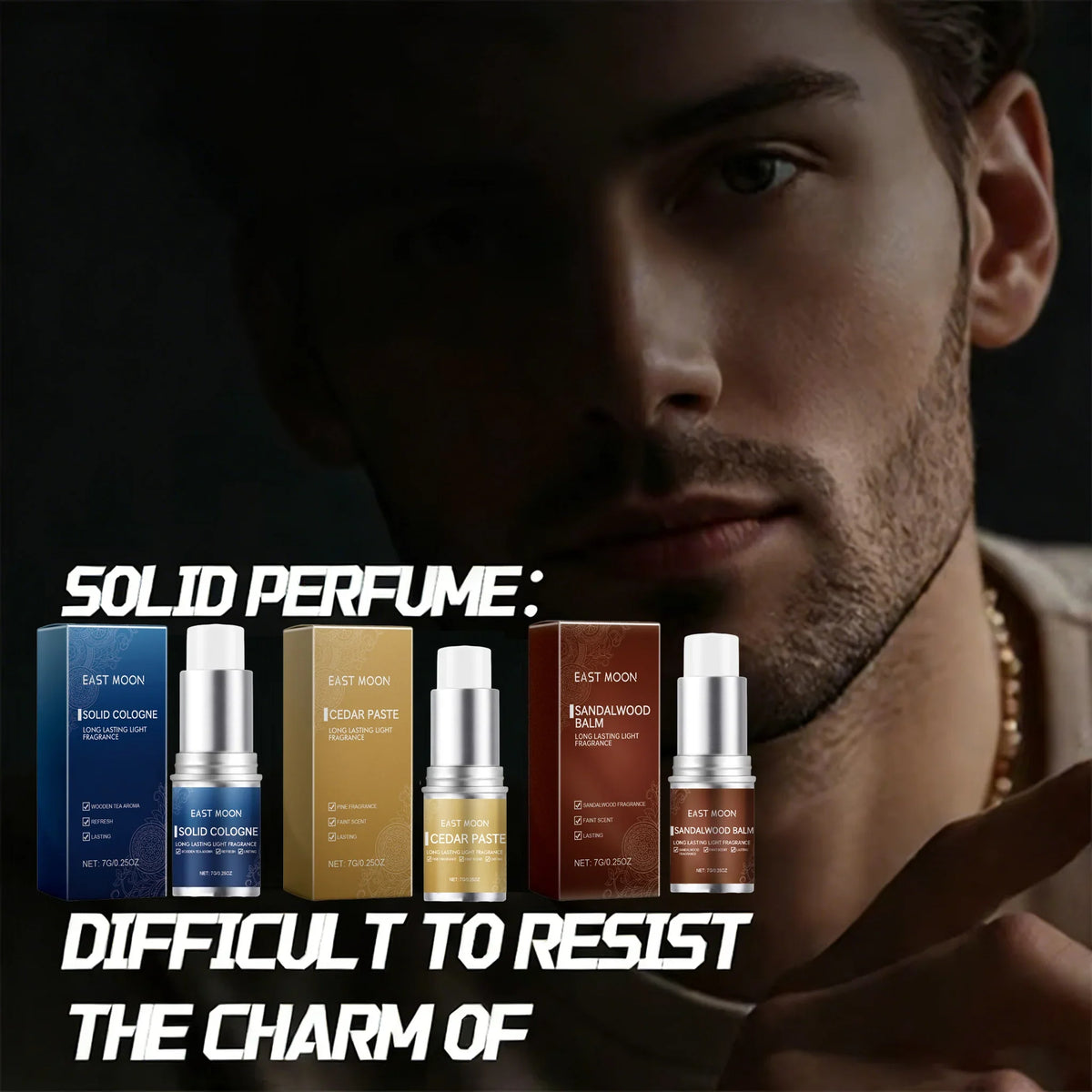 Blushimmer 3Scents men's solid cologne with woody fragrance, portable balm, lasting freshness, pheromones, and deodorant for men.
