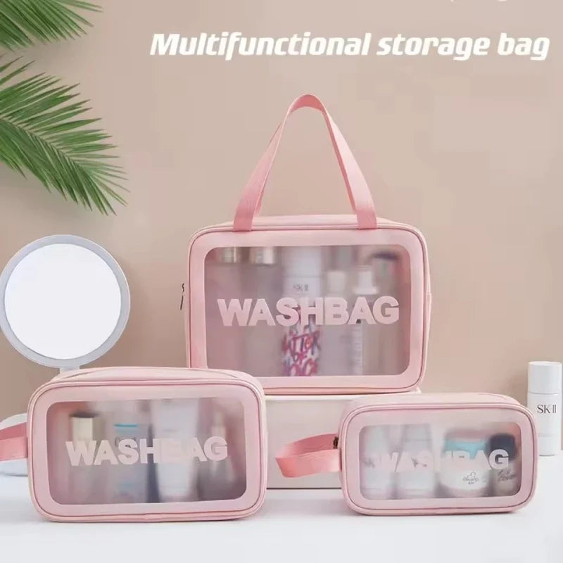 Transparent waterproof travel wash bag by Blushimmer, large capacity cosmetic organizer with multiple compartments for women.