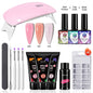 Blushimmer 3-piece 15ml poly nail gel set including extension gel, base, top coat, cleaning water, and nail mold kit for professional nail art