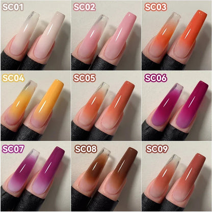 Blushimmer UR SUGAR 9-color gradient gel for nail art, showing colorful gel bottles used for DIY nail stamping and gradient designs.