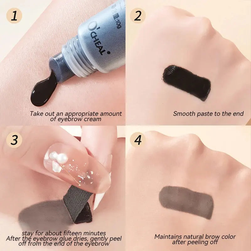 Long-lasting waterproof eyebrow gel cream by Blushimmer with semi-permanent tint, showing a close-up of the tinted brow product in a sleek container.