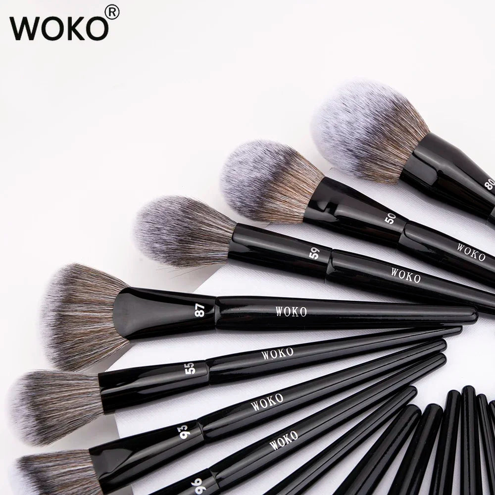 Blushimmer professional makeup brushes set including foundation, highlighter, blush, eyeshadow, and lip brushes for beauty routines.