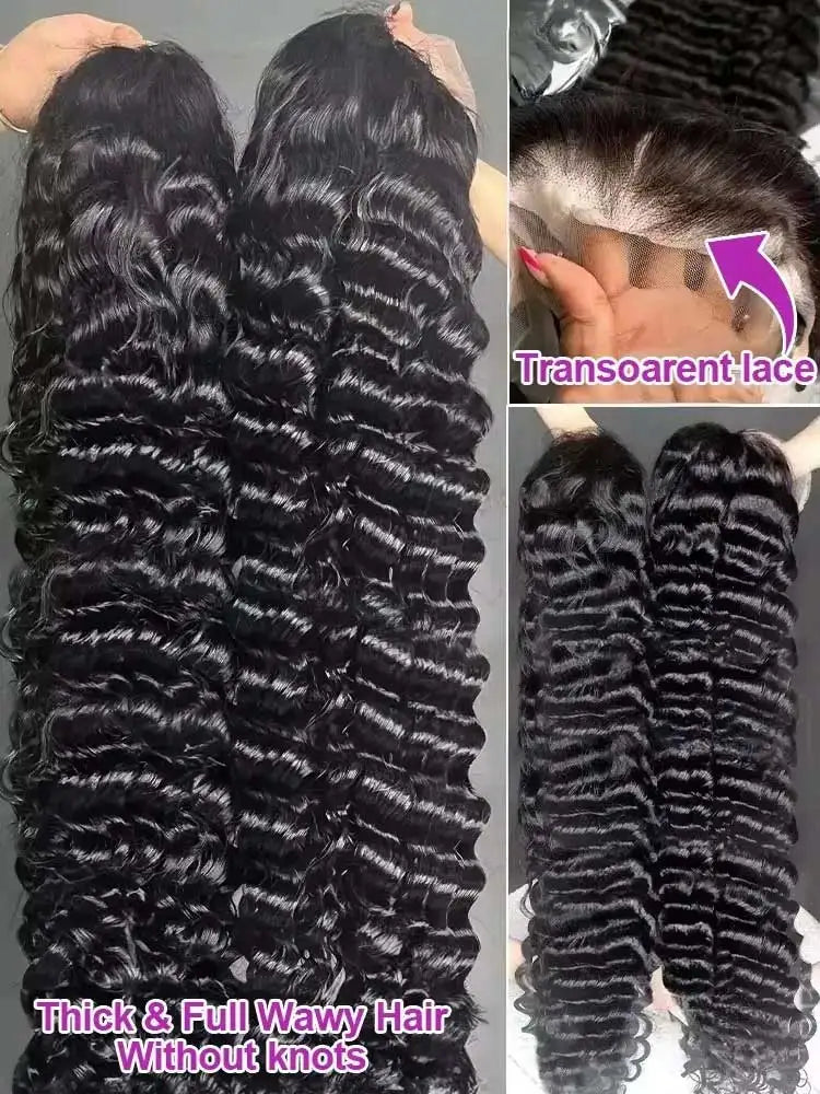 Selvanelle deep wave lace front wig with 13x4 and 13x6 HD lace, 40-42 inch curly human hair wig for women