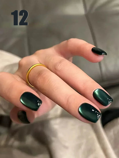 Blushimmer MIANEL 12ml Emperor Green cat eye gel nail polish with whitening effect, showcasing glossy green nails.