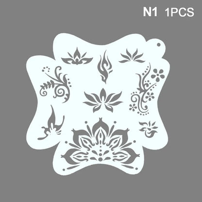 Reusable Blushimmer body painting stencils with face art stamps and temporary tattoo templates on plastic sheets.