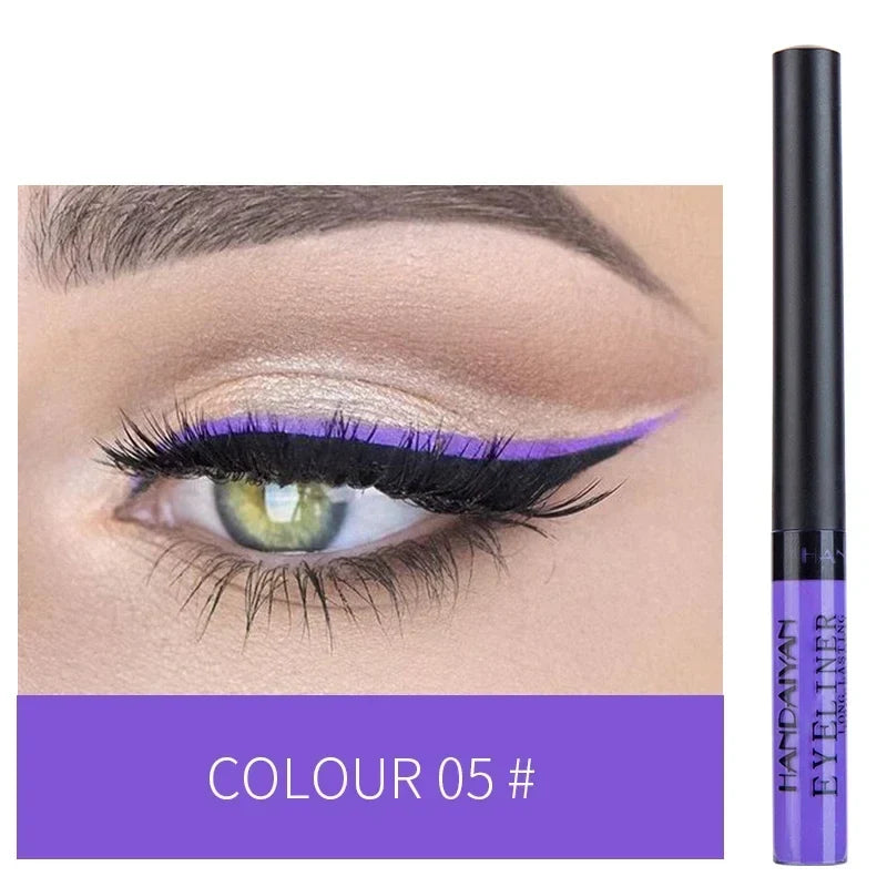 Close-up of Blushimmer waterproof liquid eyeliner pen with colorful tip, showcasing vibrant long-lasting eye liner on a white background.