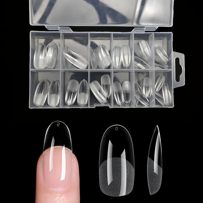 Blushimmer 120-piece full cover press-on nail tips in stiletto, almond, square, and coffin shapes for gel nail extensions.