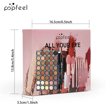 Blushimmer POPFEEL eye makeup set with 40-color eyeshadow palette, eyebrow pencil, eyeliner pen, mascara, and makeup brushes.