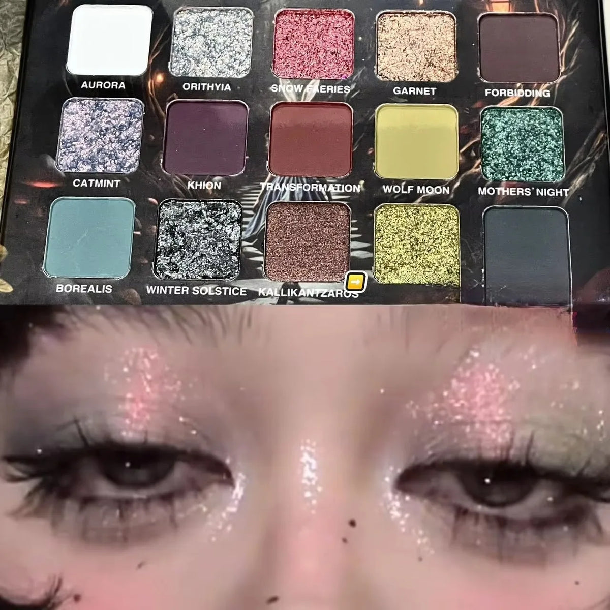 Purple Chameleon eyeshadow palette by Blushimmer with 15 shimmer and matte shades, featuring vibrant purple and complementary colors.