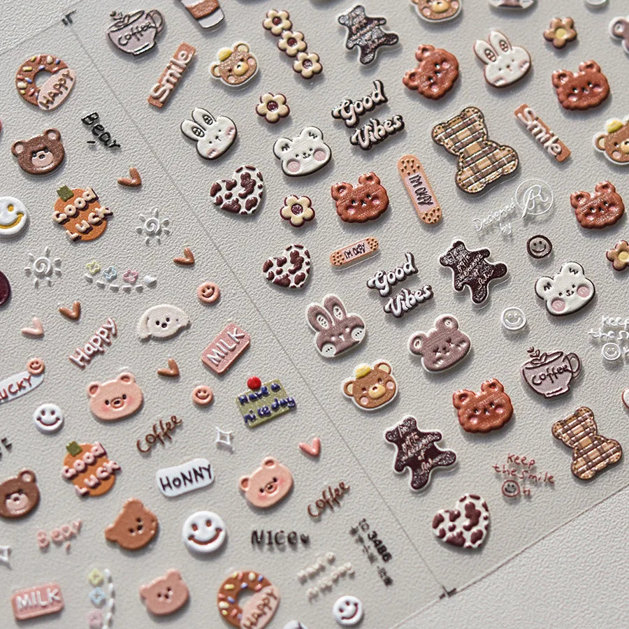 Brown Japanese Kawaii bear nail art sticker by Blushimmer, self-adhesive nail decoration decals for DIY cartoon animal nails.