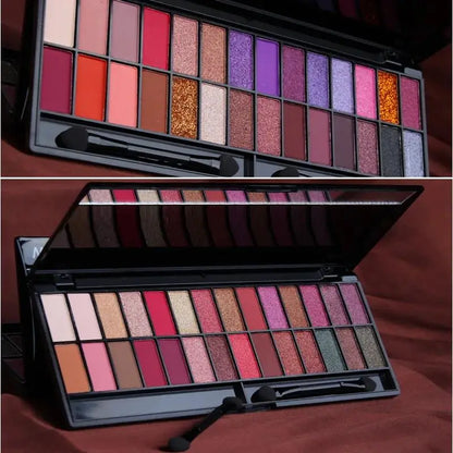 Blushimmer matte shimmer eyeshadow palette with 28 waterproof, long-lasting colors and dual-ended makeup brush.
