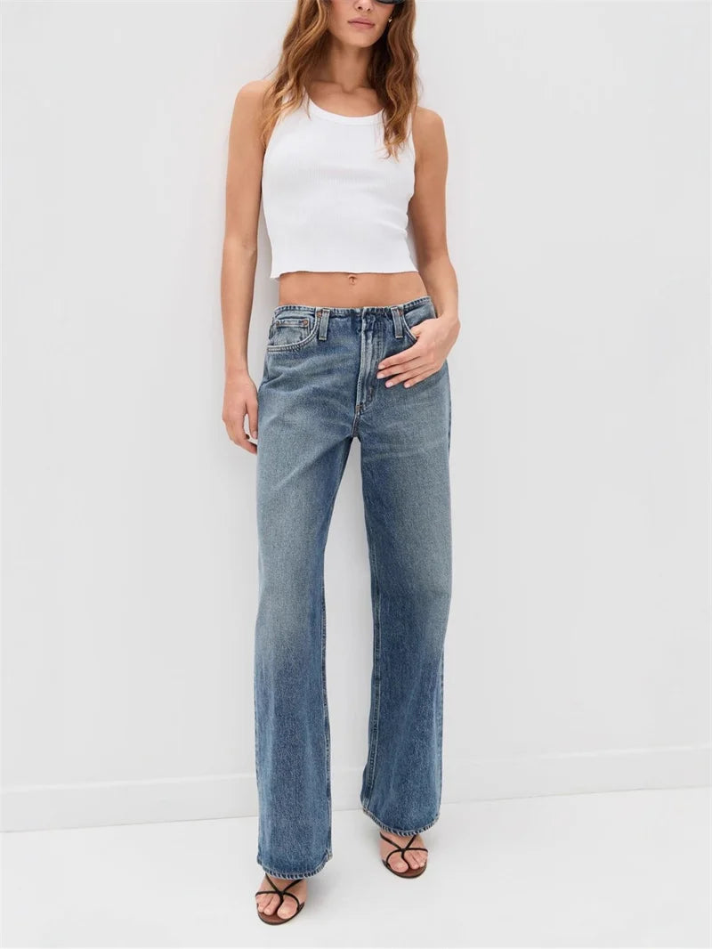 Women Denim Pants Waiveless Design Loose Lady Slightly Flared Straight Long Jeans 2025 Autumn