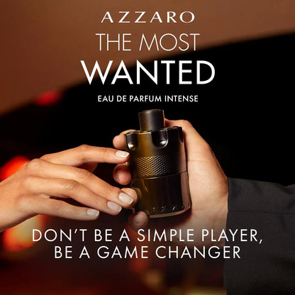 Azzaro The Most Wanted Eau de Parfum Intense bottle featuring woody and fougère notes, designed for seductive men's cologne.
