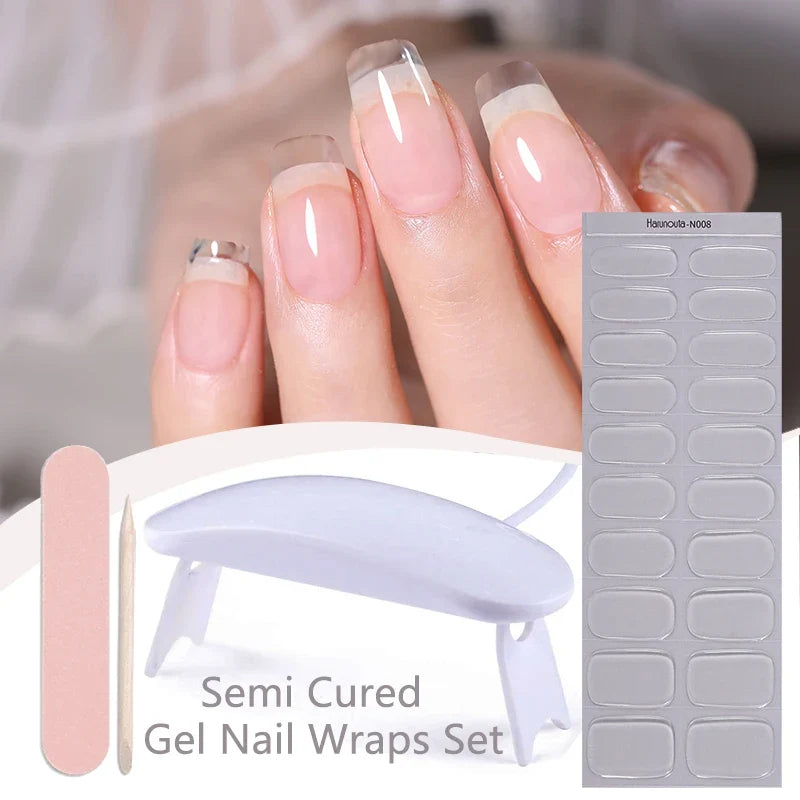 Blushimmer Harunouta 4-piece gradient jelly semi-cured gel nail strips with nude pink waterproof stickers and nail lamp for long-lasting nails.