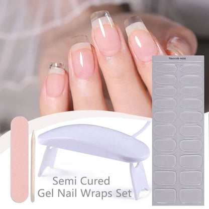 Blushimmer Harunouta 4-piece gradient jelly semi-cured gel nail strips with nude pink waterproof stickers and nail lamp for long-lasting nails.