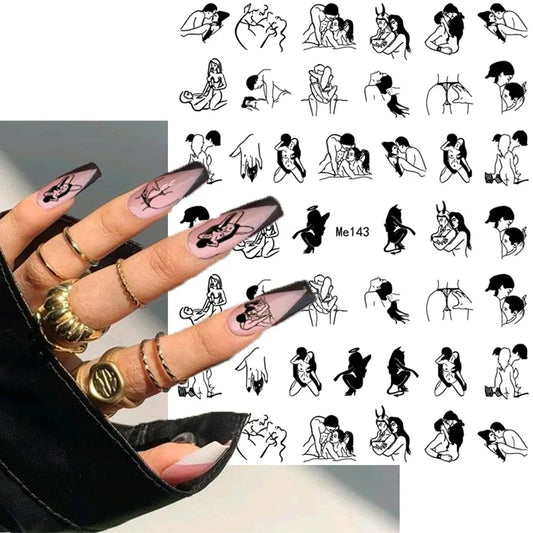Black and white nail art stickers by Blushimmer featuring sexy woman and girl designs for press-on nail decoration and body art.