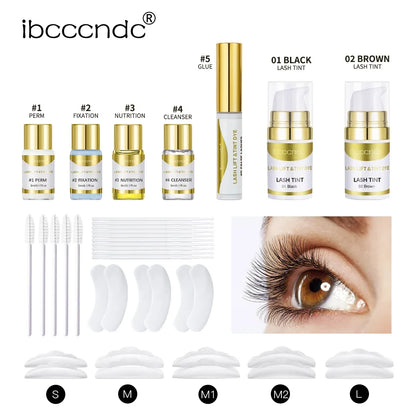 Semi-permanent brow and lash lift and tint kit by Blushimmer, featuring tools and products for enhancing eyebrows and eyelashes.