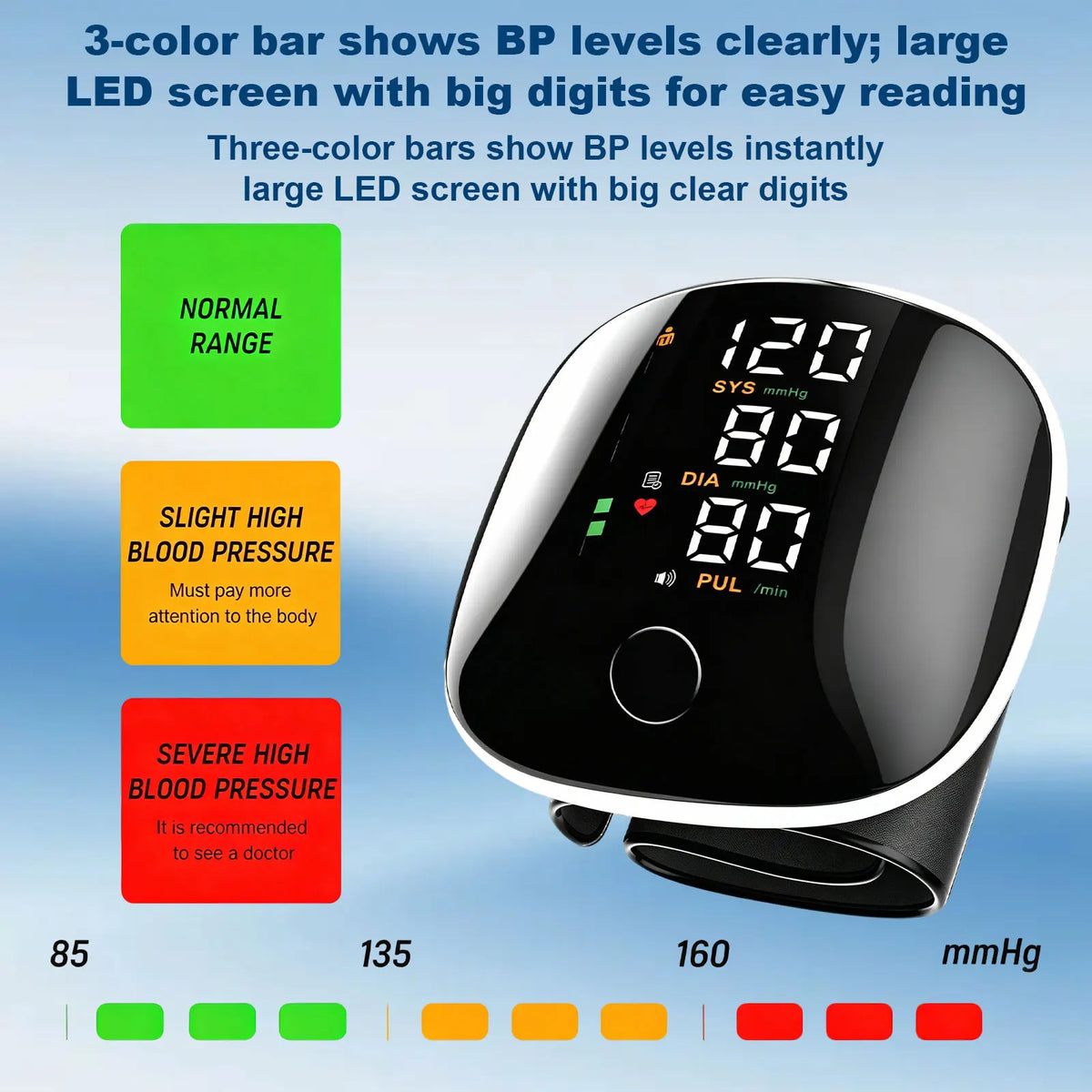 Rechargeable digital blood pressure monitor with LED display, voice broadcast, heart rate detection, and portable case for home use.