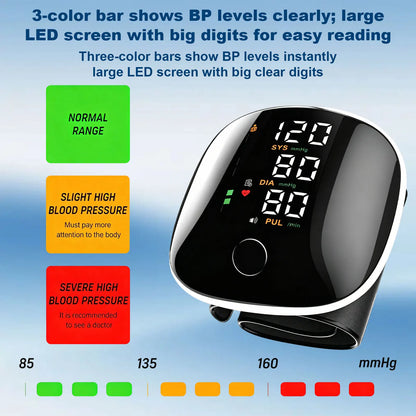 Rechargeable digital blood pressure monitor with LED display, voice broadcast, heart rate detection, and portable case for home use.
