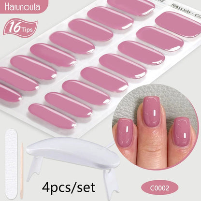 Blushimmer Harunouta 4-piece set of gradient jelly semi-cured gel nail strips with nude pink waterproof design and matching nail lamp.
