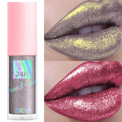 Blushimmer glitter lip gloss with 18 colors, long-lasting waterproof liquid lipstick featuring pearl shine and sparkling finish.