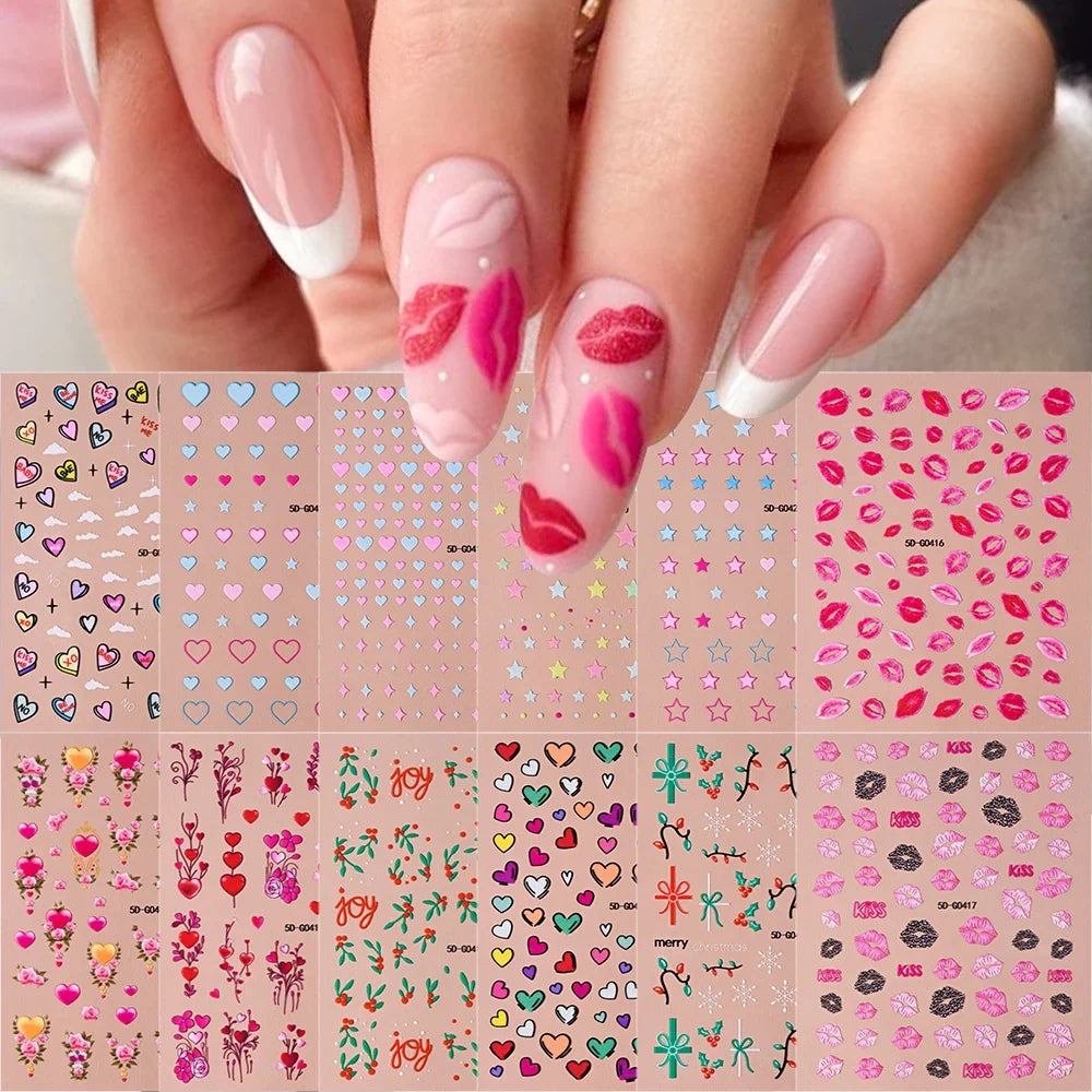 Red lips and love heart nail decal stickers by Blushimmer, self-adhesive romantic nail art for Valentine's Day DIY manicure.