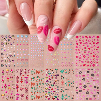 Red lips and love heart nail decal stickers by Blushimmer, self-adhesive romantic nail art for Valentine's Day DIY manicure.