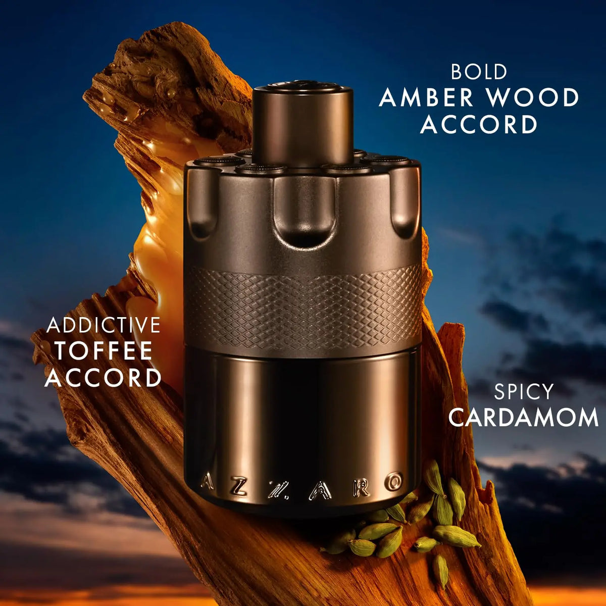 Azzaro The Most Wanted Eau de Parfum Intense men's cologne bottle with woody and fougère notes, sleek design, and black accents.