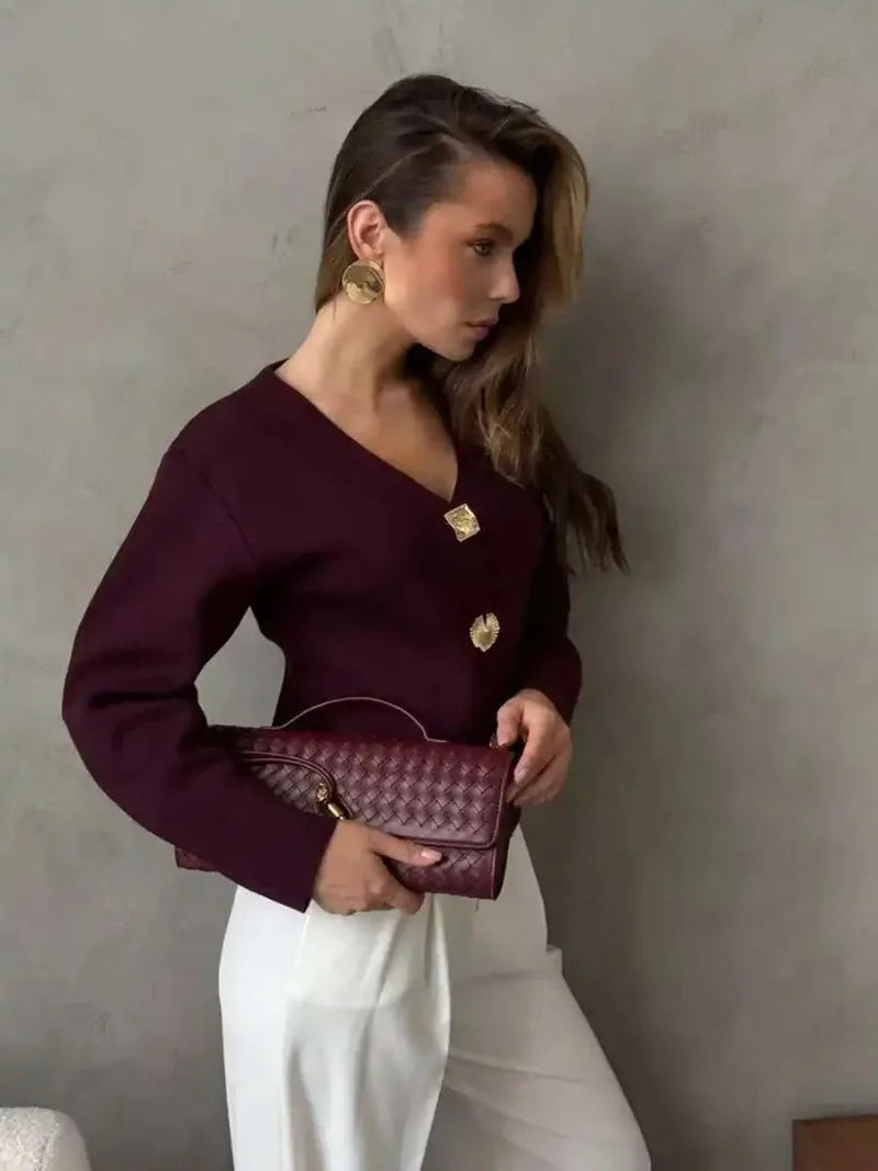 Fashion Simple Commuting Button V-neck Short Knitted Cardigan 2025 New Autumn and Winter Women's Solid Long-sleeved Sweater