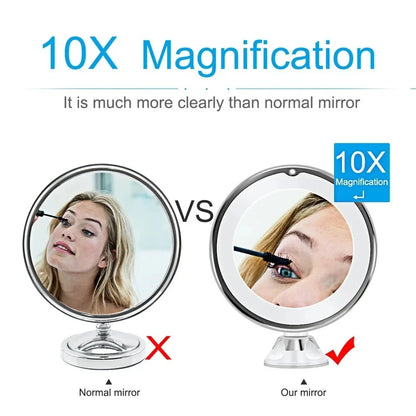 Blushimmer flexible 10x magnifying vanity mirror with LED lights, touch screen control, portable design, and suction cup base.