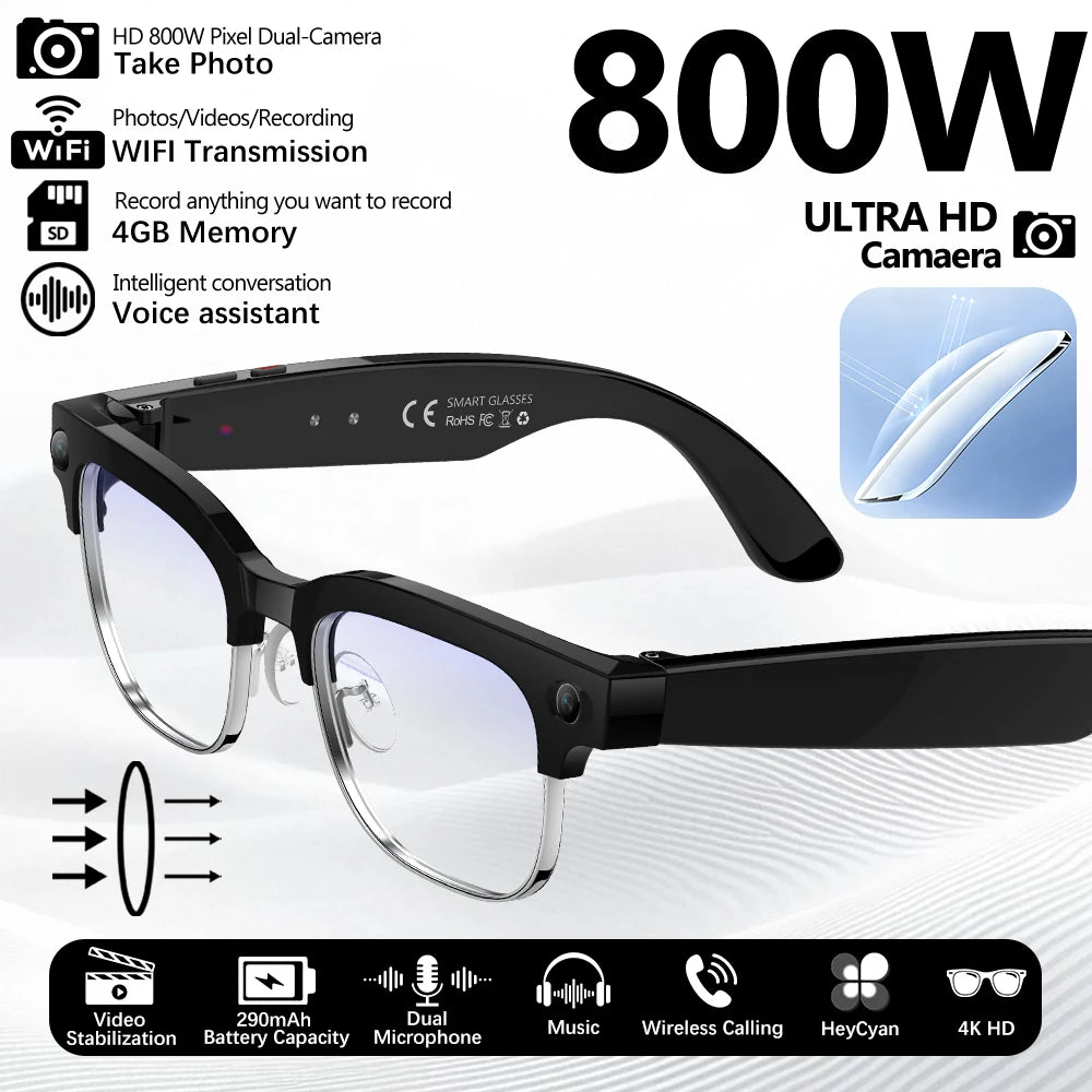 2026 New Smart Glasses 800W Ultra-Wide HD 4K Camera Video Recording 4GB AI Photo Recognition Bluetooth Call Translation Voice