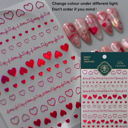 Colorful Cat's Eye 5D gradient European love heart gem nail art stickers with crystal geometric design by Blushimmer for manicures.