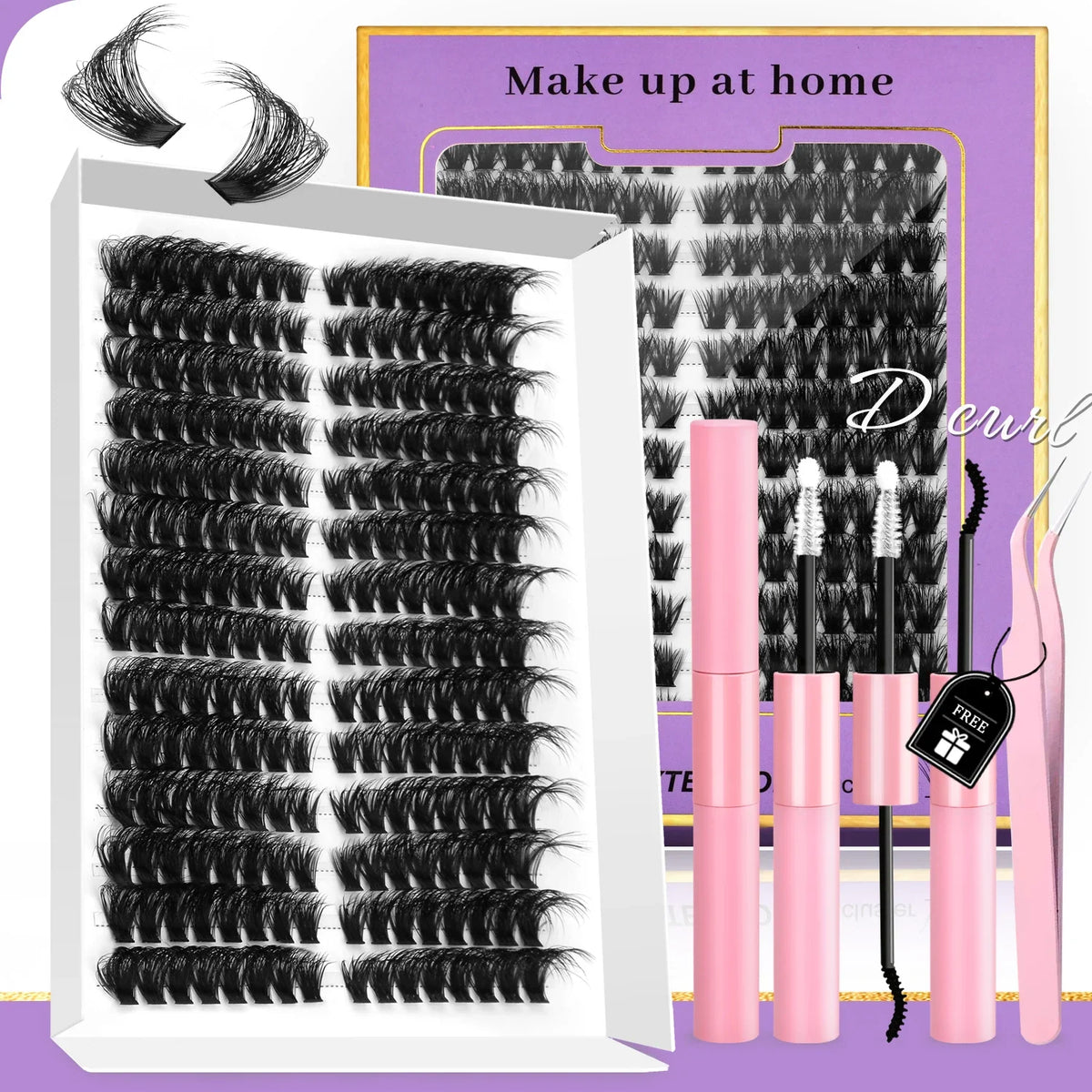 Blushimmer GROINNEYA DIY eyelash extension kit with mixed lash clusters, tweezers, lash bond, and seal for at-home lash application