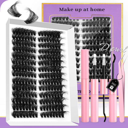 Blushimmer GROINNEYA DIY eyelash extension kit with mixed lash clusters, tweezers, lash bond, and seal for at-home lash application